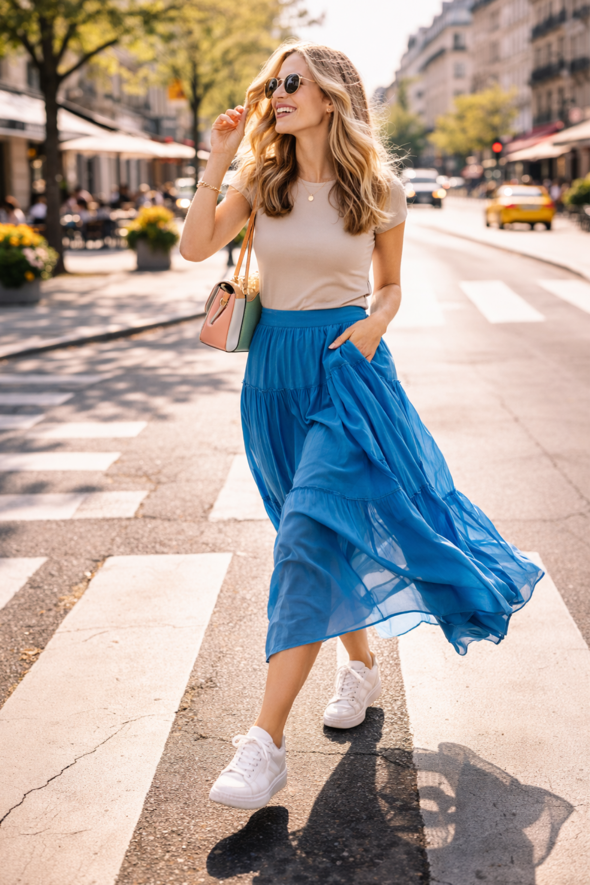 Stylish blonde woman wearing a flowing blue maxi skirt, fitted beige t-shirt, and white sneakers walking confidently across a sunny city street.