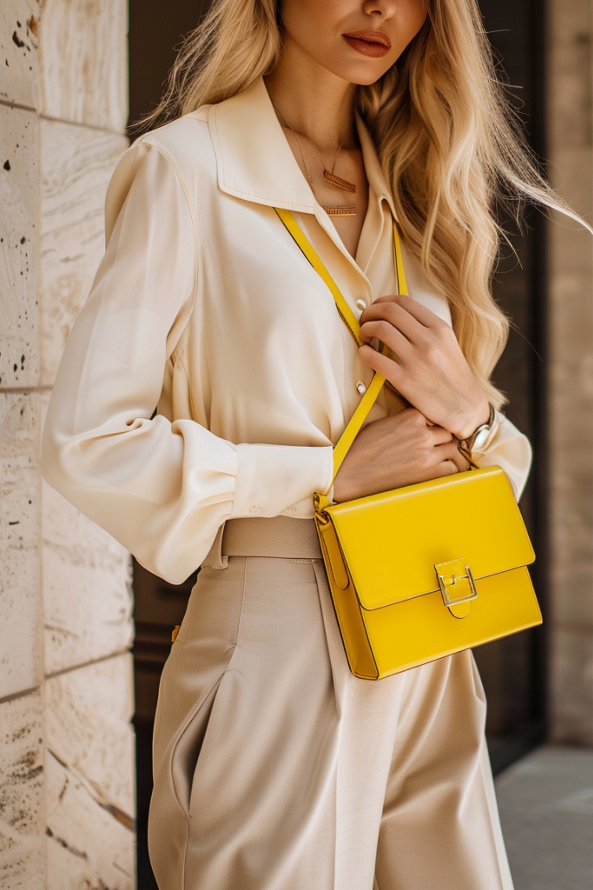 Elegant beige outfit for women featuring a silky blouse, tailored trousers, and a bright yellow crossbody bag for a chic modern city look in 2026.