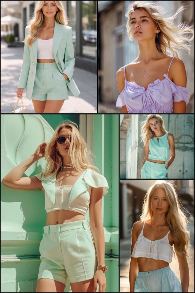 pastel-summer-outfits-collage-for-women-2026.jpg Pastel summer outfits collage for women 2026 with mint green shorts suit, lavender dress and soft feminine summer outfit inspiration