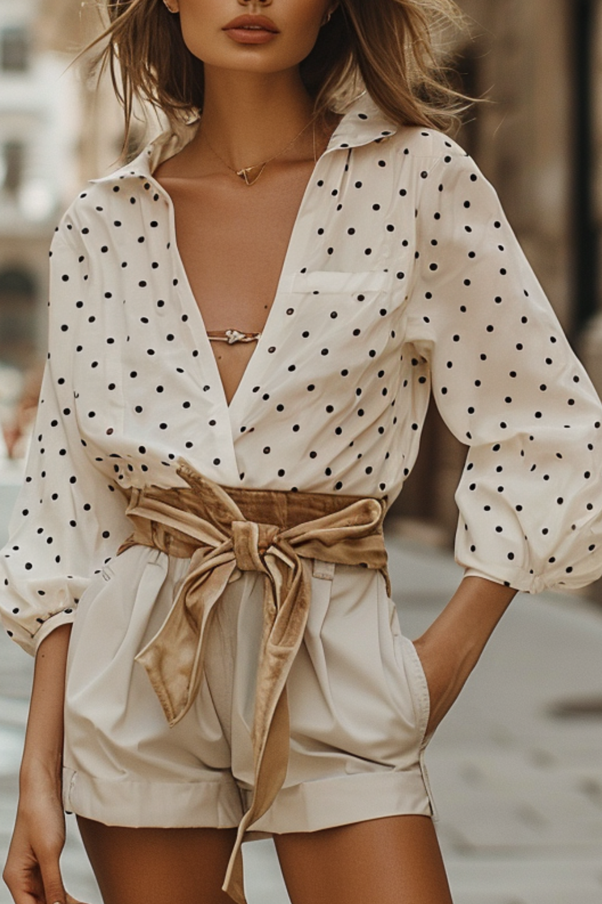 polka dot blouse and high waisted shorts classy summer outfit for women elegant city style 2026