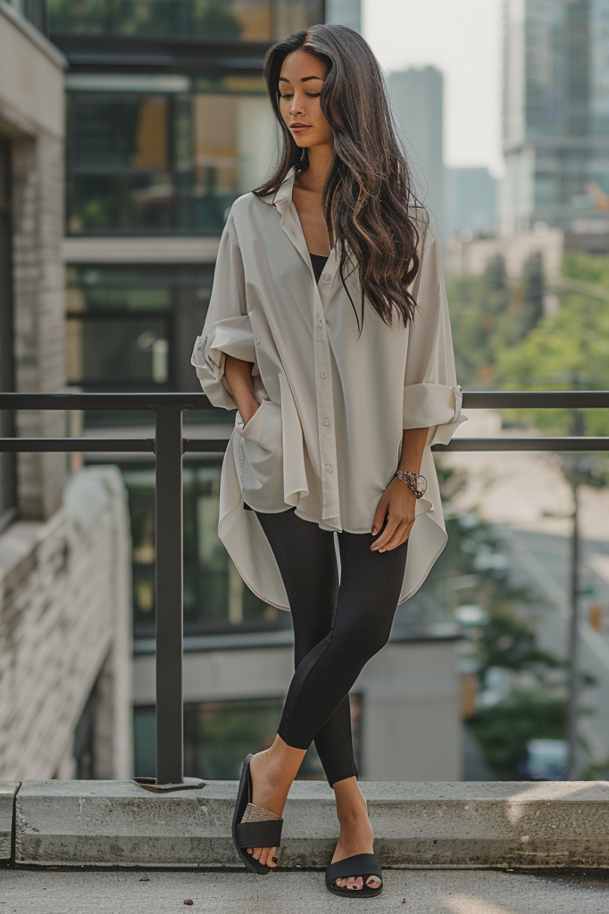 oversized white shirt and black leggings classy minimalist outfit for women casual modern city style 2026