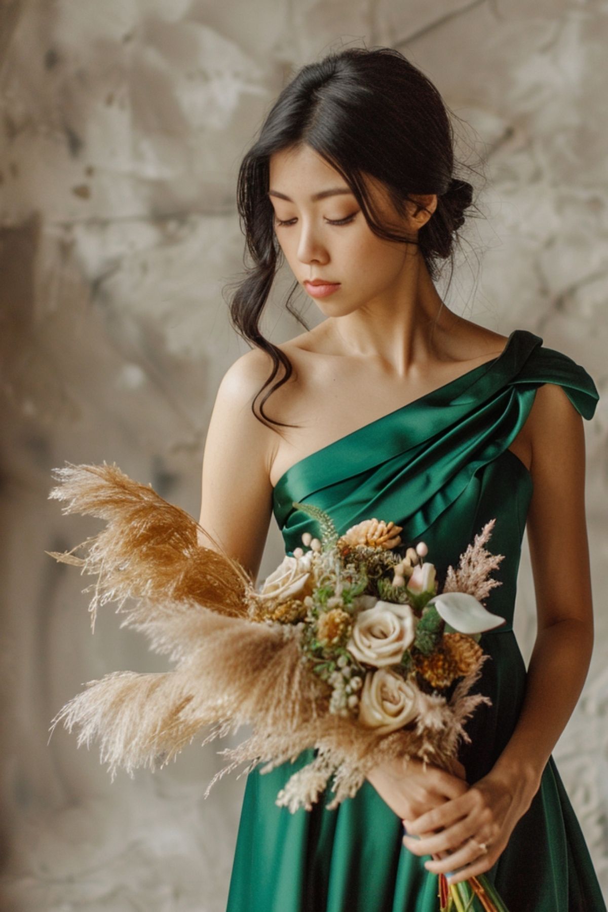 Elegant emerald green one-shoulder bridesmaid dress with satin finish, styled with a neutral dried flower bouquet for a romantic wedding 2026.