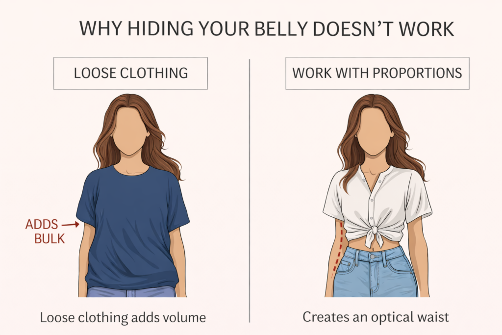 Comparison showing why hiding your belly with loose clothing adds volume, while high-waisted outfits and fitted tops create an optical waist and slimmer silhouette.
