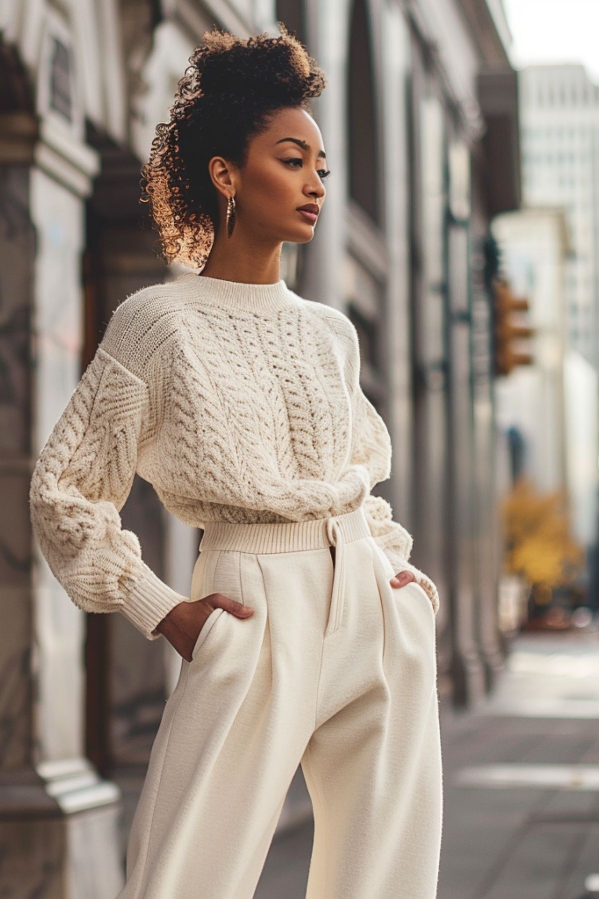 Monochrome neutral outfit with cream knit sweater and wide leg trousers for chic minimalist city style