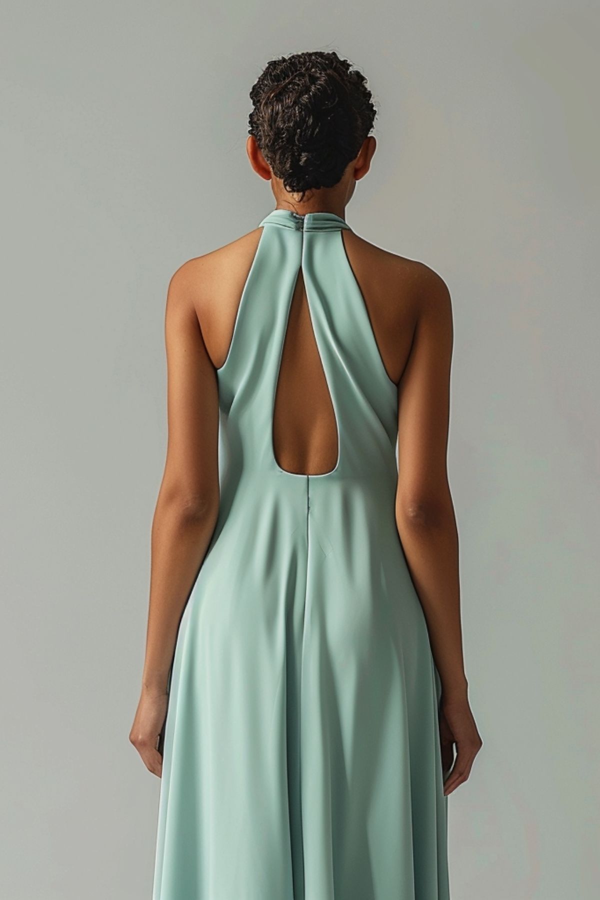 Back view of a sage green halter bridesmaid dress with elegant open-back detail and flowing floor-length skirt, ideal for a modern summer wedding 2026.