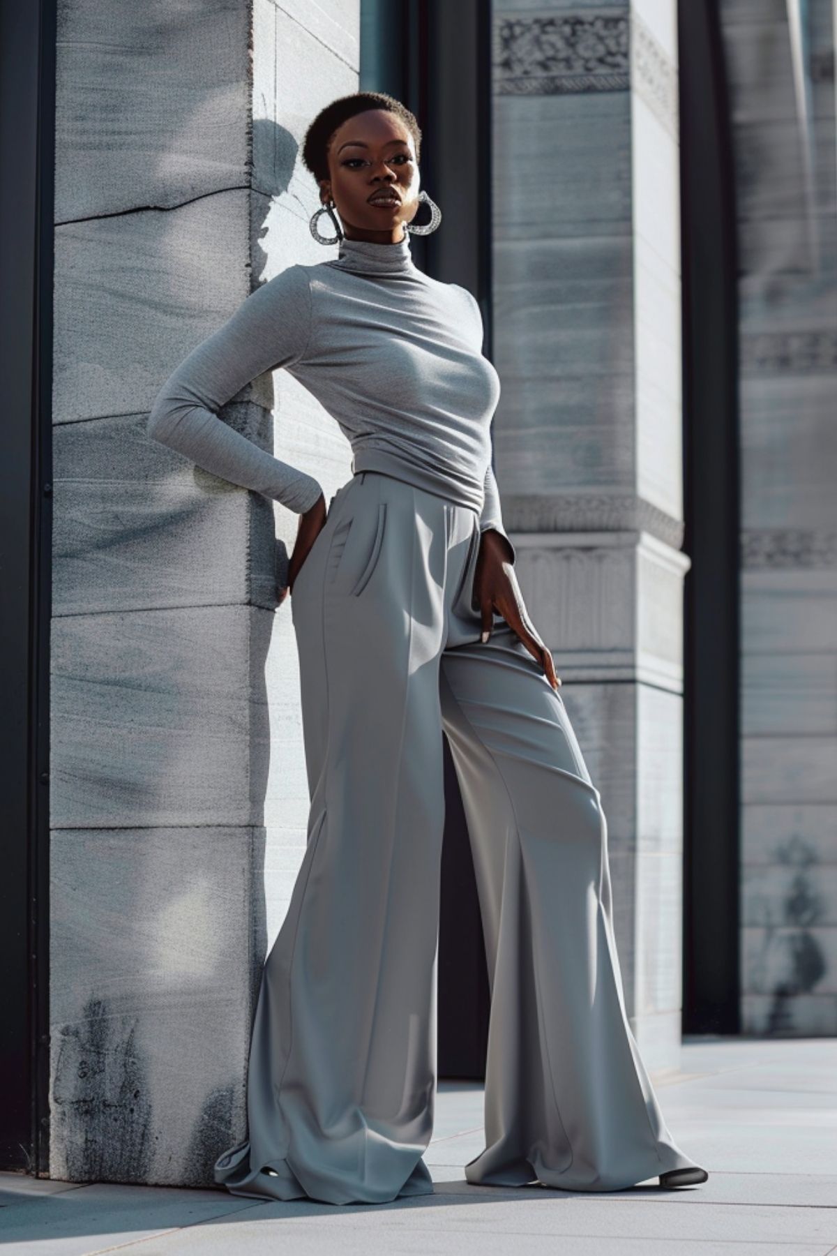 Monochrome neutral outfit with gray turtleneck and wide leg trousers for elegant minimalist city style
