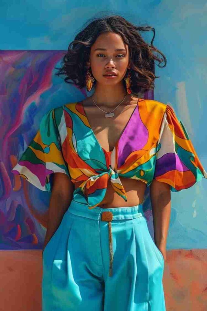 Colorful tie-front crop top with high-waisted wide-leg pants creating a slimmer waist and flattering summer silhouette.
