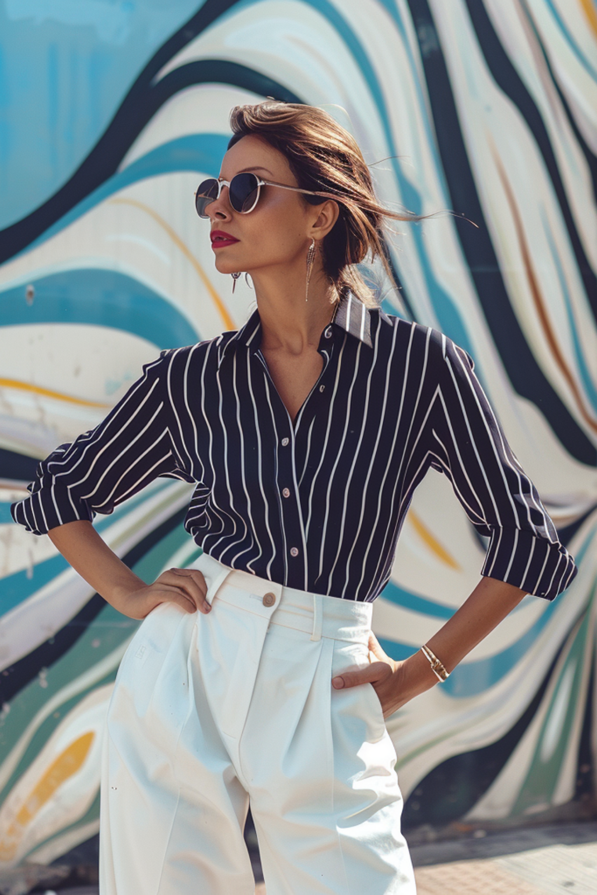 striped shirt and white tailored pants classy elegant outfit for women modern chic city style 2026