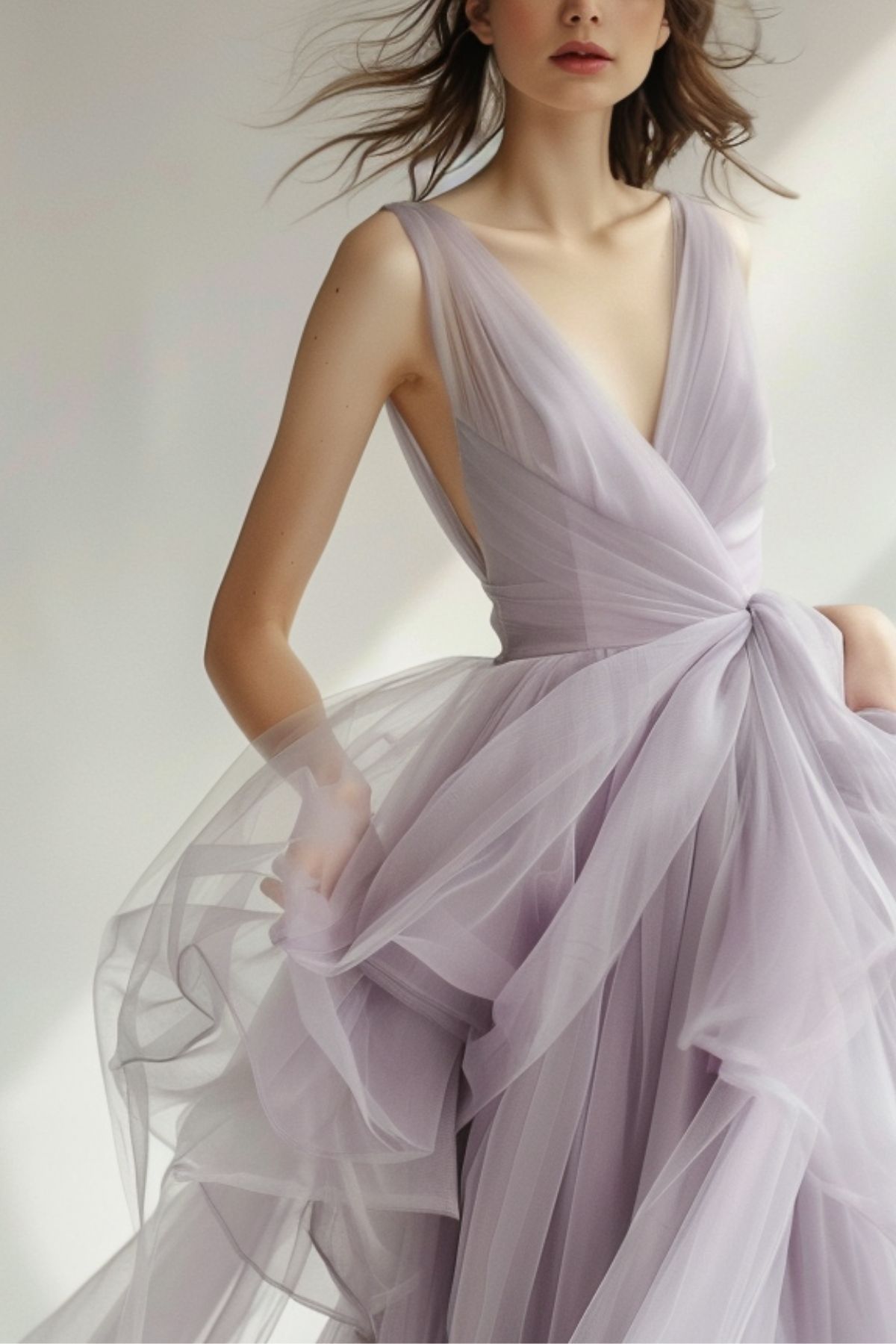 Close-up detail of a romantic lavender tulle bridesmaid dress with wrap bodice and flowing layered skirt, perfect for an elegant summer wedding 2026.