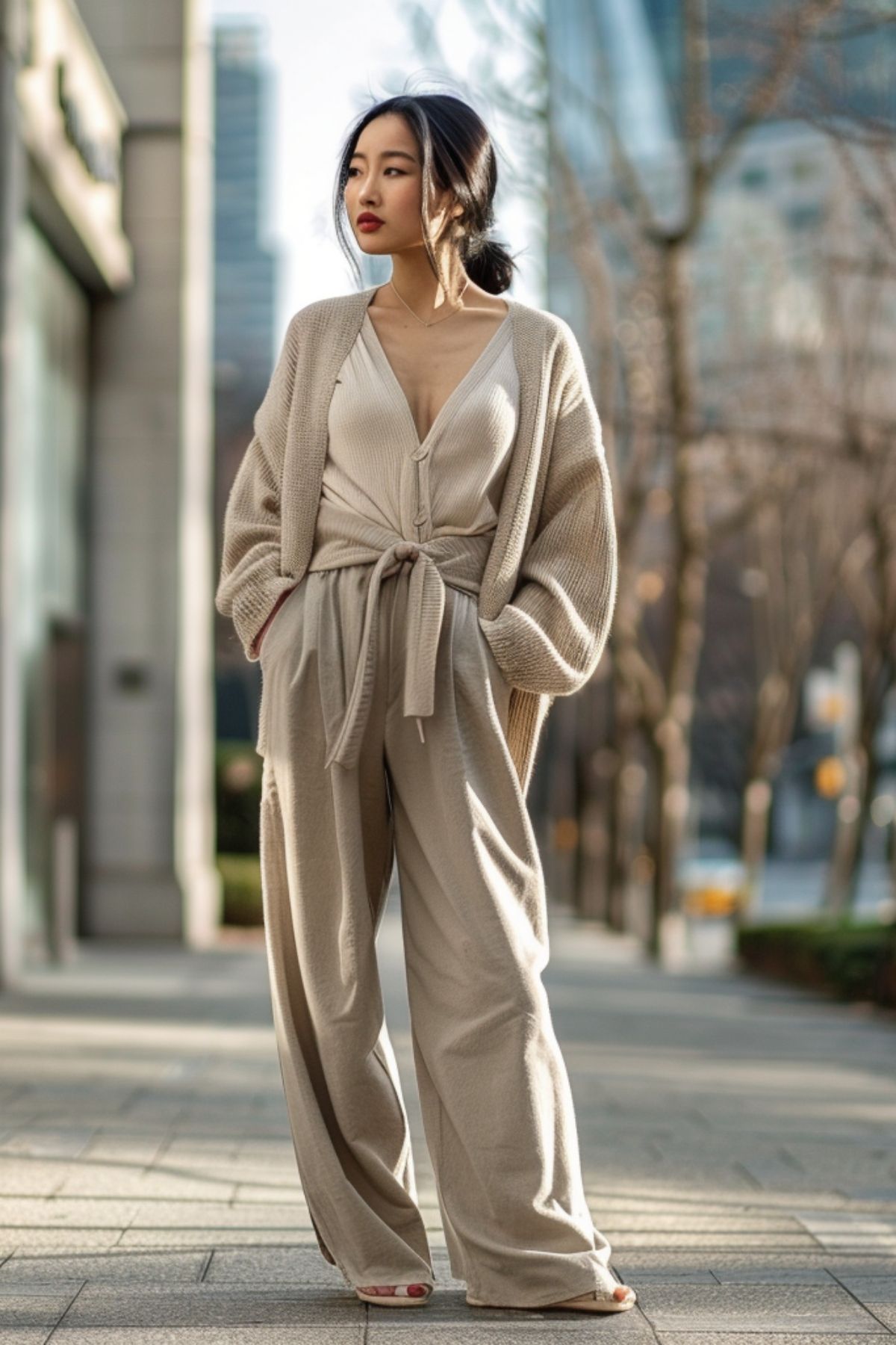 Monochrome neutral outfit with taupe cardigan and wide leg pants for elegant minimalist city style