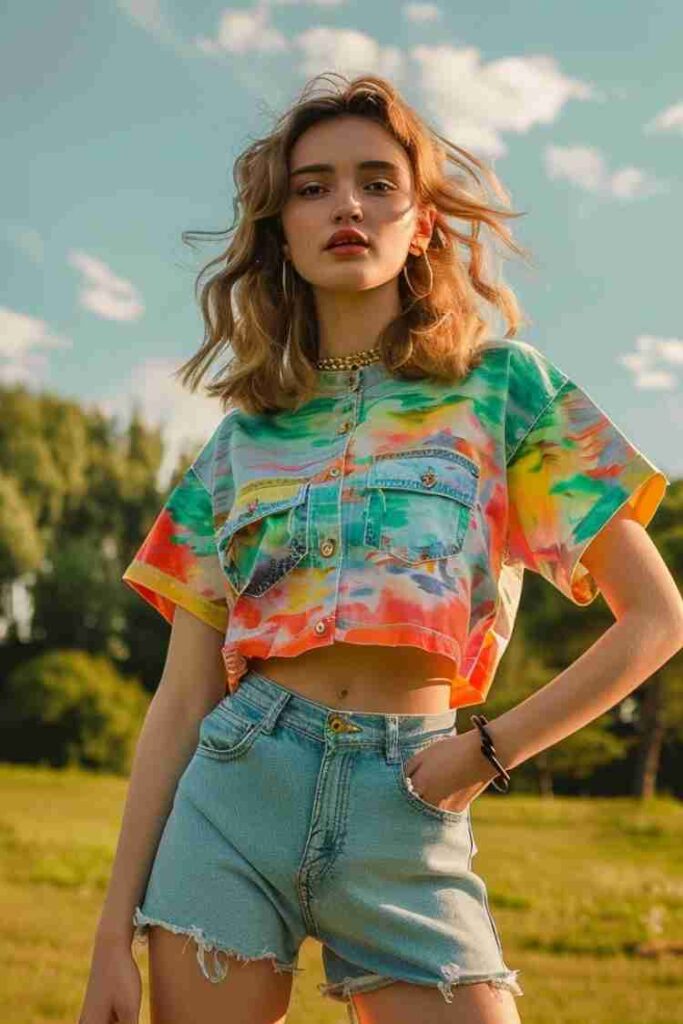 Colorful cropped shirt with high-waisted denim shorts creating a slimmer waist and flattering casual summer look.