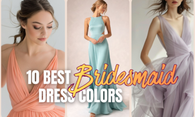 Collage featuring three elegant bridesmaid dresses in coral, seafoam green, and lavender shades with text overlay “10 Best Bridesmaid Dress Colors” for a summer wedding 2026 guide.