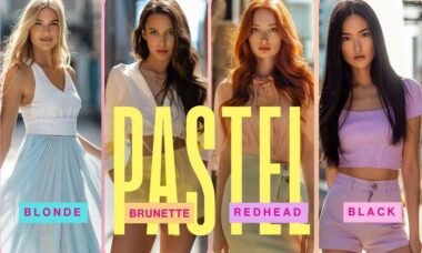 Pastel outfits for different hair colors collage 2026 featuring blonde brunette redhead and black hair inspiration