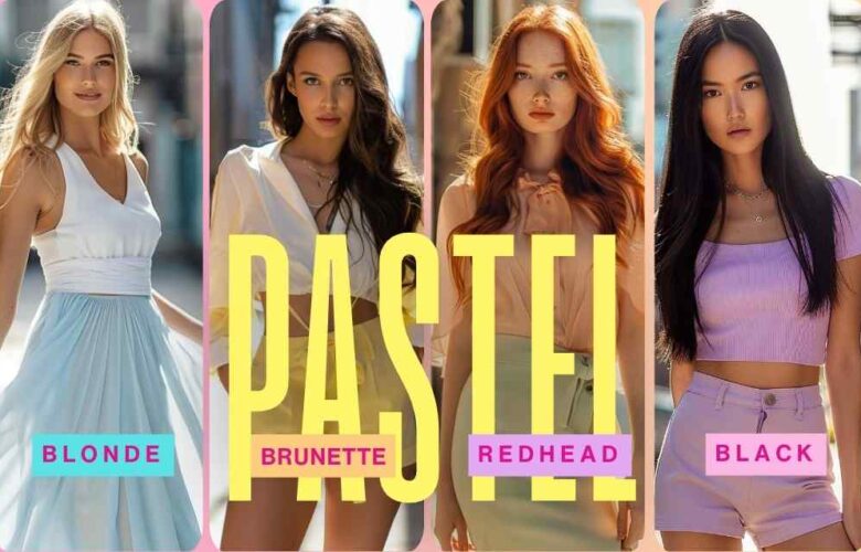 Pastel outfits for different hair colors collage 2026 featuring blonde brunette redhead and black hair inspiration