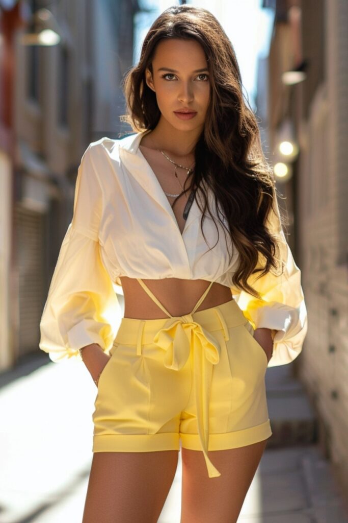 Yellow summer shorts and white blouse outfit for women 2026 with soft feminine pastel style