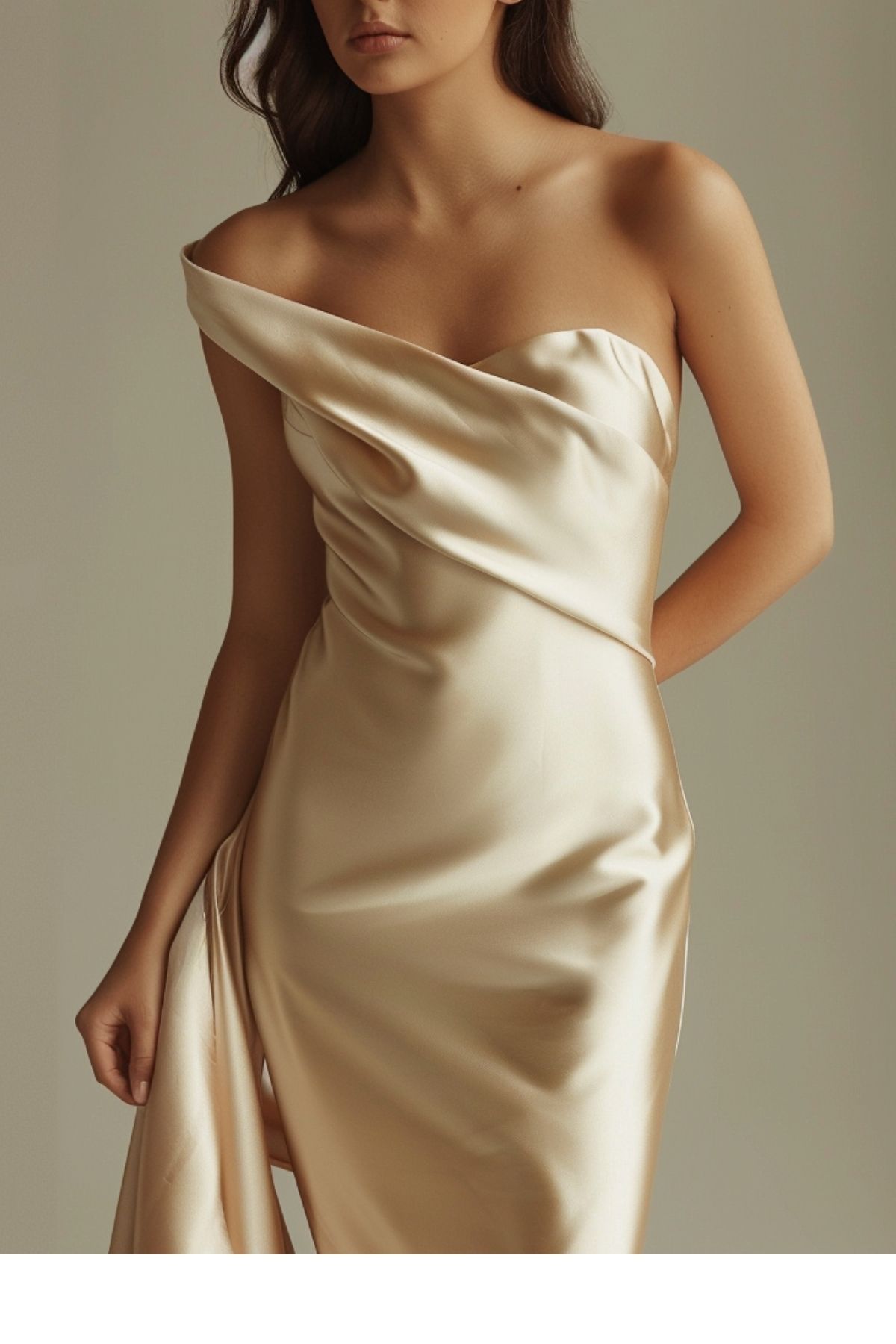 Close-up detail of a champagne satin bridesmaid dress with elegant one-shoulder draped neckline and smooth silky fabric, perfect for a sophisticated summer wedding 2026.