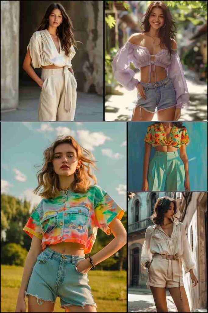 Summer outfits that make your waist look smaller – high-waisted shorts, crop tops, and lightweight summer styling that visually slims the waist and creates a flattering silhouette.