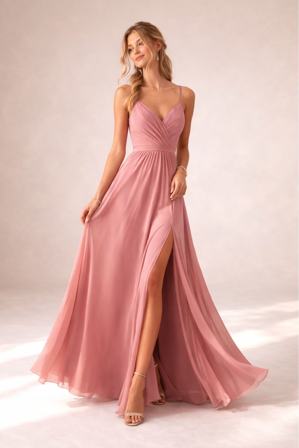 Elegant blush pink bridesmaid dress with V-neckline and flowing chiffon skirt, perfect for a summer wedding 2026, photographed in a soft neutral studio setting.