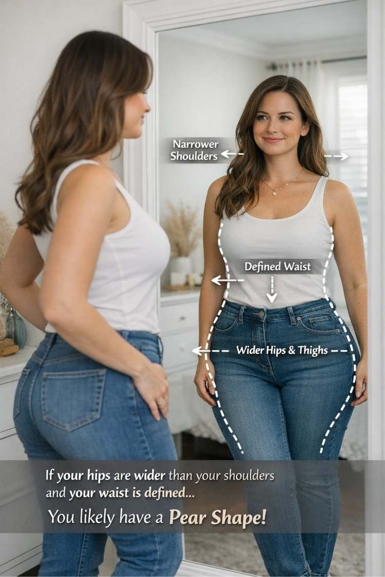 Woman with a pear body shape standing in front of a mirror, showing narrower shoulders, defined waist, and wider hips and thighs for body type identification.