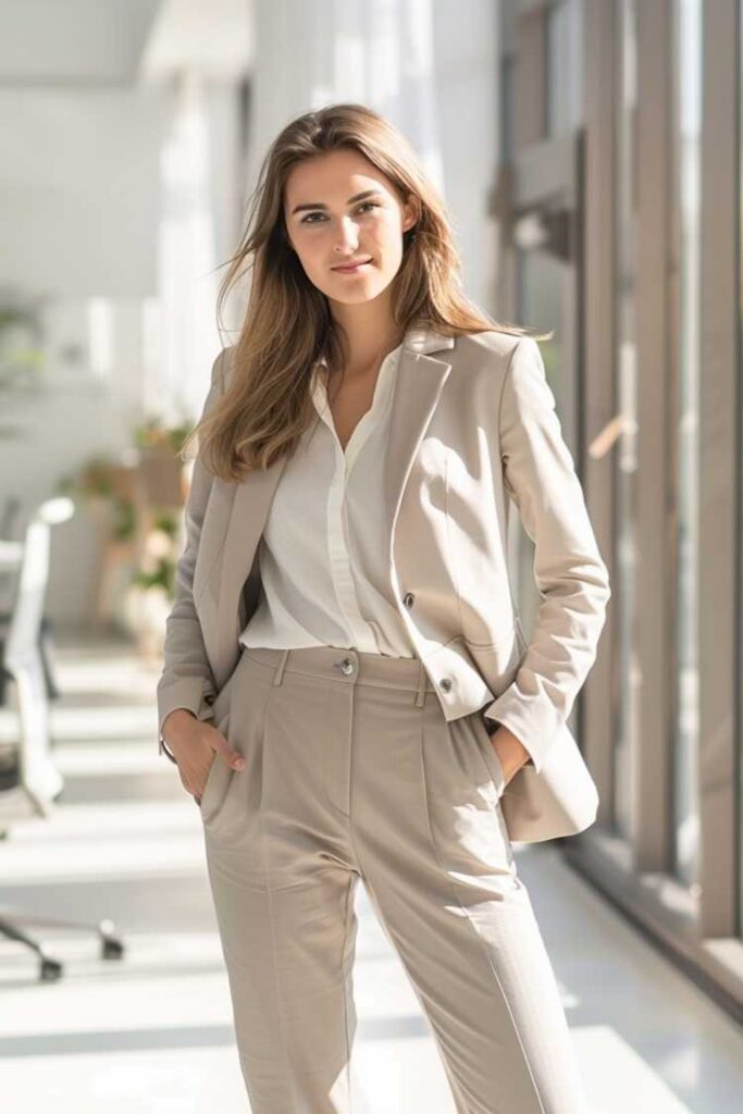 Elegant woman over 40 wearing a beige suit with a white shirt, minimal and professional job interview outfit