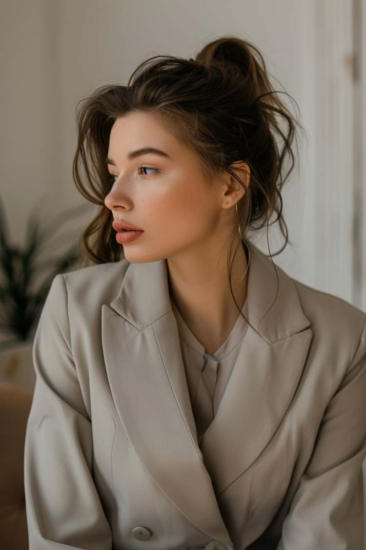 Woman wearing a structured blazer with defined shoulders and a tailored fit, highlighting the upper body and creating a balanced silhouette for a pear body shape.