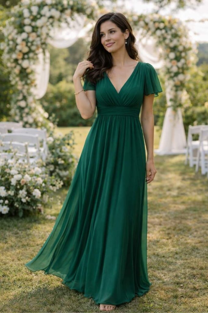 Emerald green maxi dress with flowy skirt, elegant wedding guest outfit for outdoor ceremony, flattering and feminine look