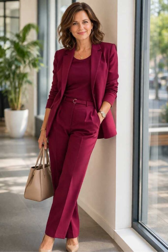 Confident woman over 40 wearing a burgundy suit, powerful and elegant job interview outfit
