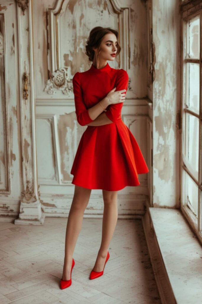 Red mini dress for wedding guest with high neck and A-line skirt, elegant structured outfit for formal occasion 2026