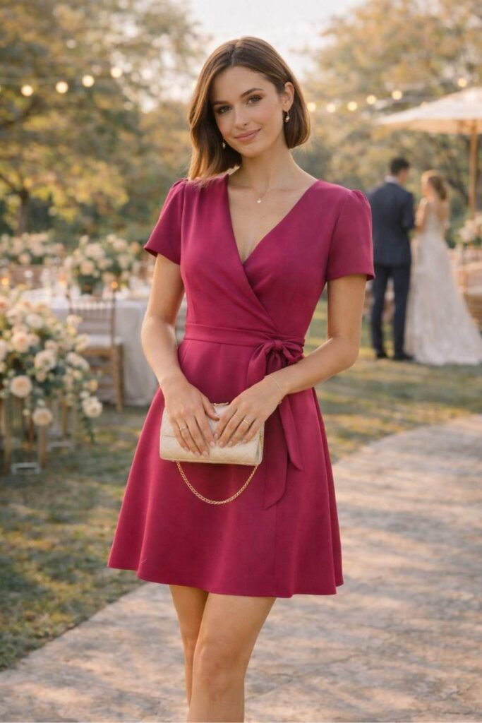 Burgundy wrap mini dress for wedding guest with short sleeves and tie waist, elegant outdoor summer wedding outfit 2026