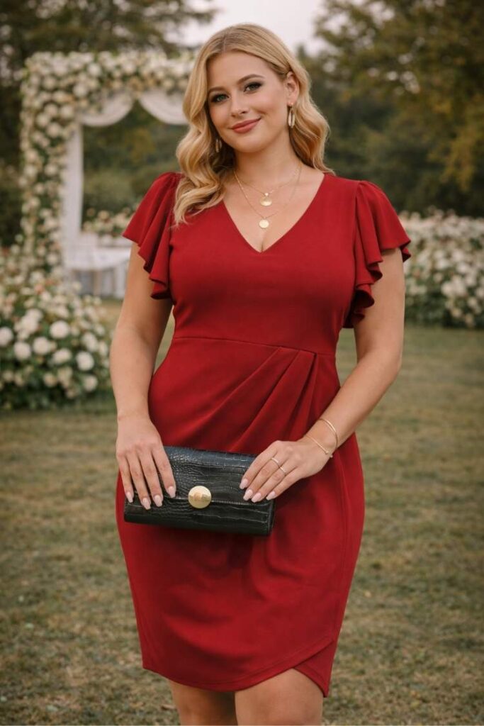 Red wrap dress with flutter sleeves, flattering wedding guest outfit, elegant and feminine silhouette for special occasion