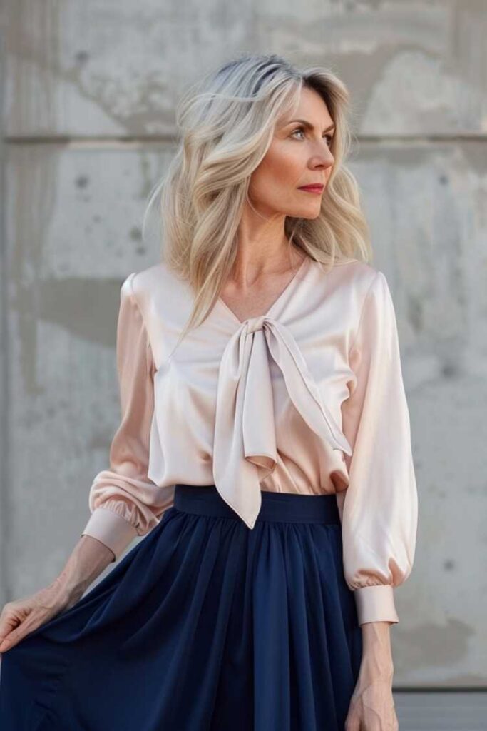 Elegant woman over 40 wearing a blush bow blouse and navy skirt, refined and feminine job interview outfit