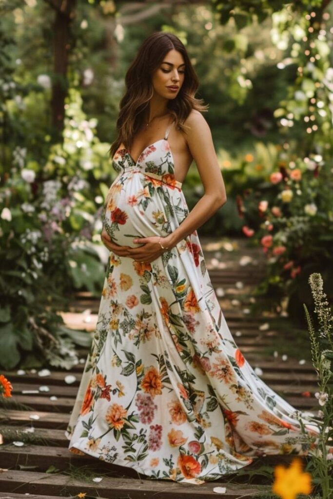 Floral maternity maxi dress, elegant garden wedding guest outfit for pregnant women, flowy romantic style in outdoor setting