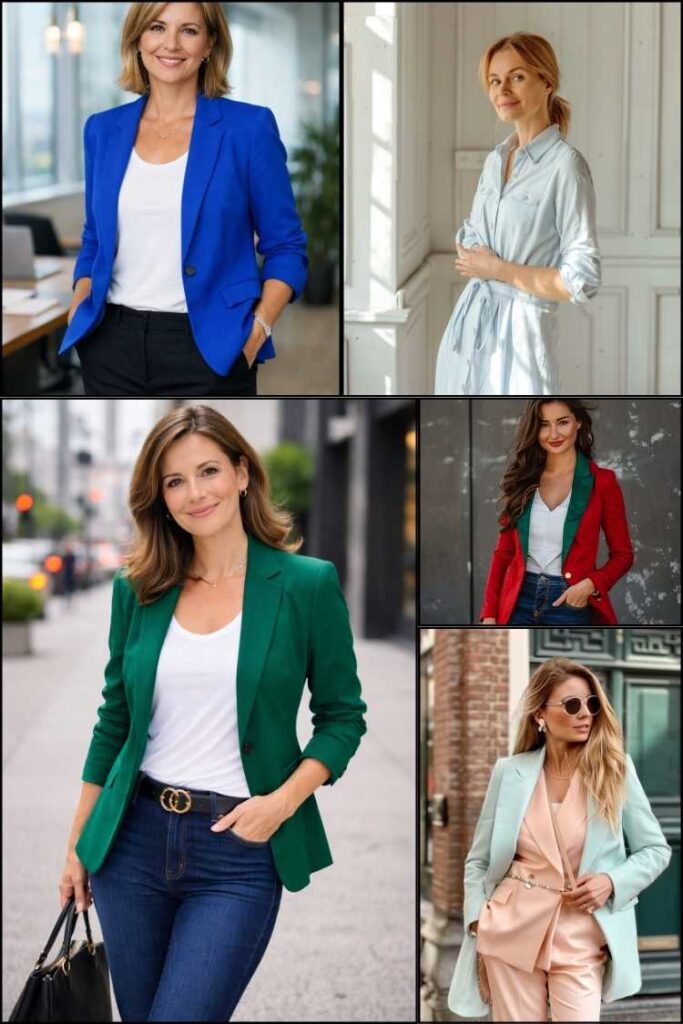 Collage of blazer outfit ideas for women over 40 including blue, green, red, and neutral blazers styled for job interviews
