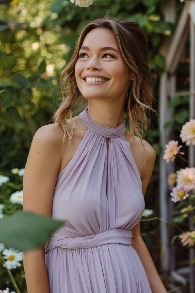 Lavender halter neck dress, elegant summer wedding guest outfit, soft feminine style in garden setting