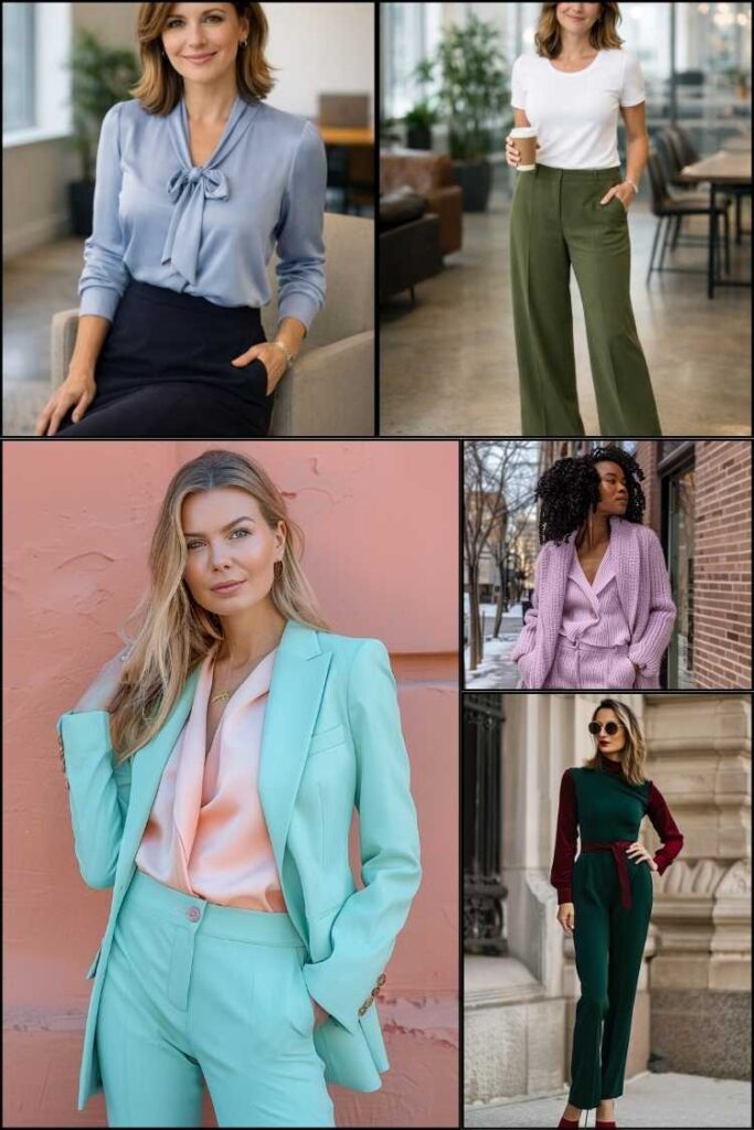 Collage of smart casual and professional interview outfit ideas for women over 40 including blouses, trousers, suits, and knit sets