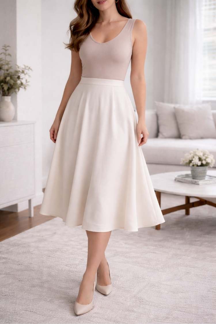 Woman wearing a neutral A-line midi skirt and fitted top, highlighting the waist and creating a soft, balanced silhouette for a pear body shape.