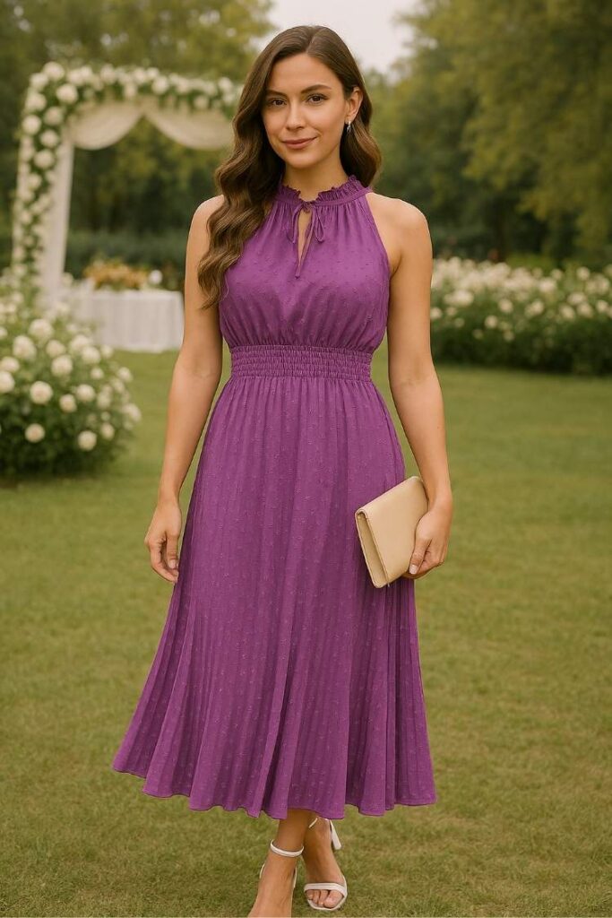 Purple midi halter neck dress with defined waist, elegant wedding guest outfit, flattering feminine silhouette