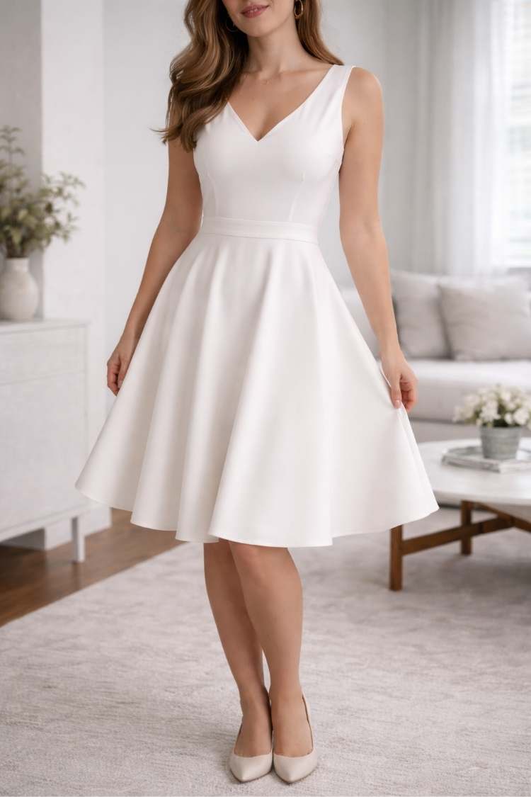 Woman wearing a white A-line dress with a defined waist and flowing skirt, creating a balanced and flattering silhouette for a pear body shape.