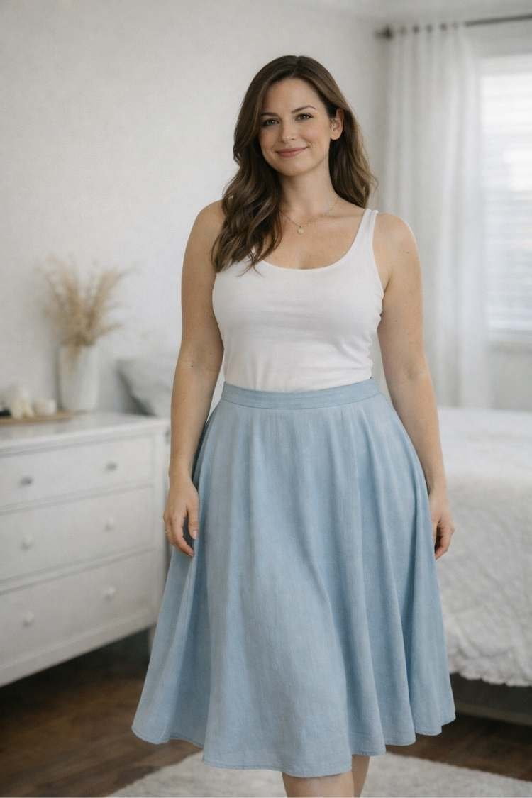 Woman wearing a light A-line midi skirt and a fitted top, highlighting the waist and creating a soft, balanced silhouette for a pear body shape.