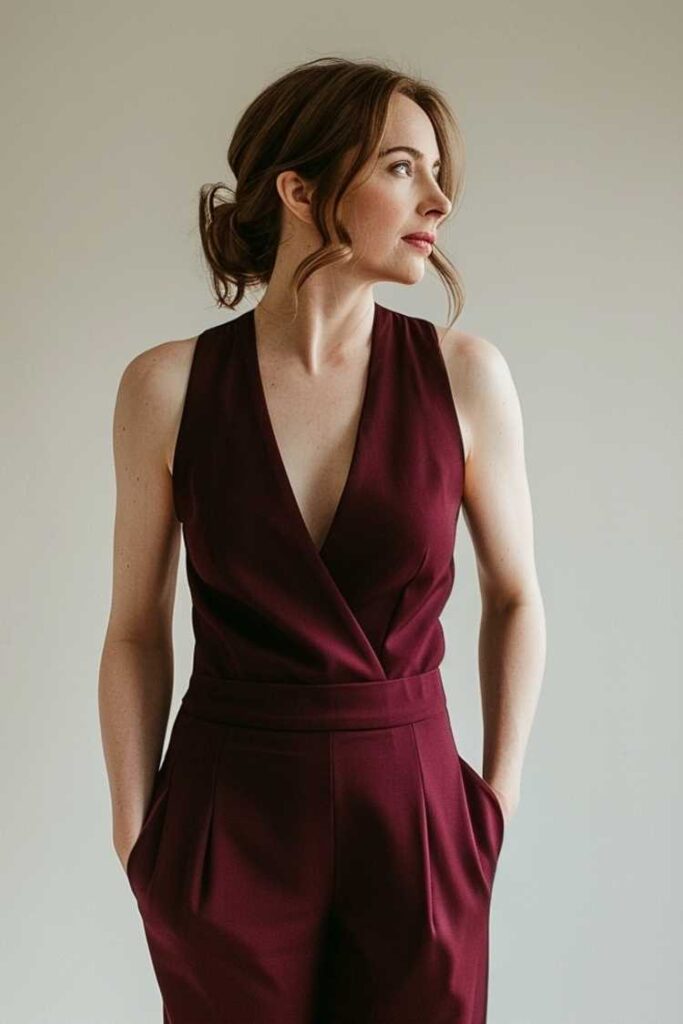 Elegant woman wearing a burgundy tailored jumpsuit, modern and confident job interview outfit for women over 40