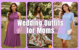 Wedding outfits for moms collage featuring elegant and flattering dresses, including midi, floral maxi, and minimalist styles for special occasions
