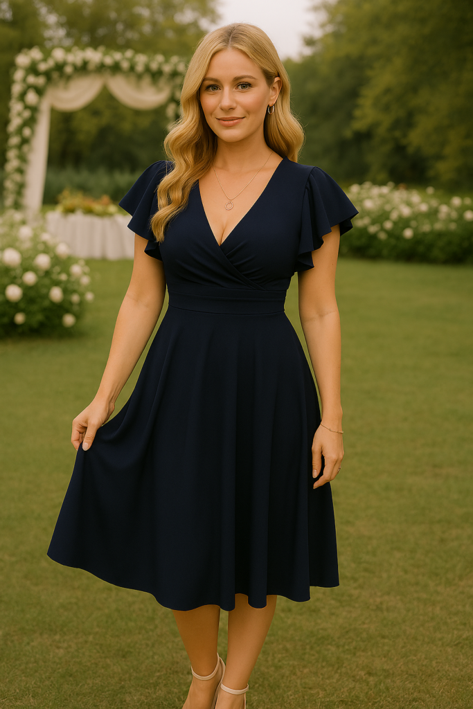 Navy blue fit and flare dress with flutter sleeves, elegant wedding guest outfit, flattering and timeless silhouette