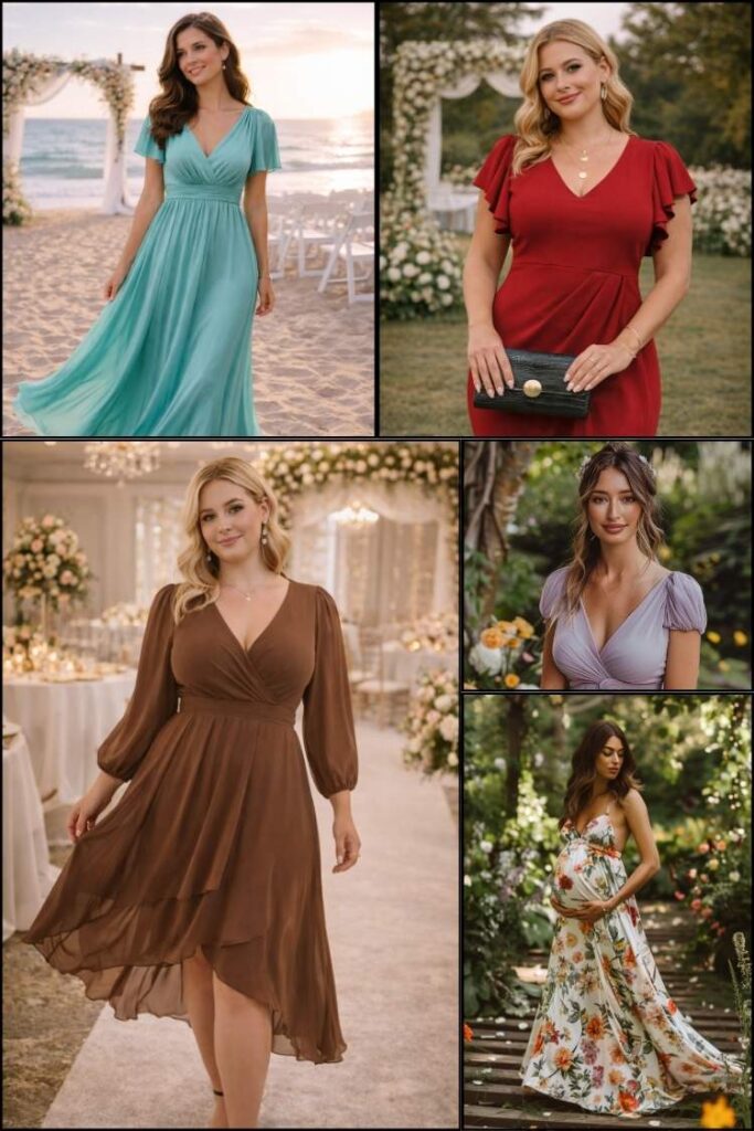 Wedding guest dress ideas collage featuring flattering outfits for different body types, including flowy maxi, wrap dress, and floral maternity styles