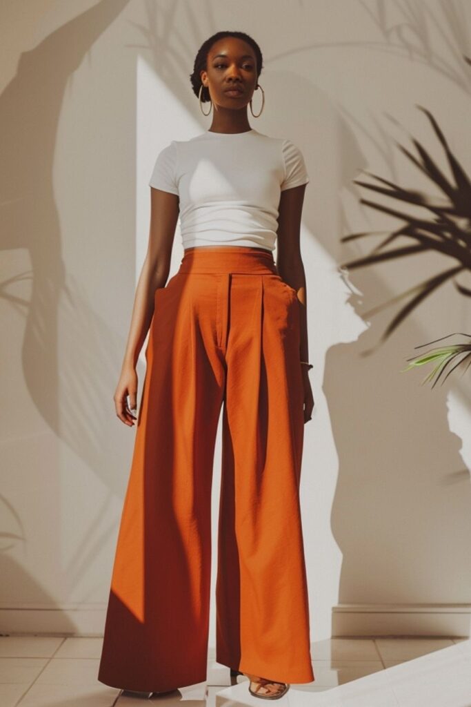 Woman wearing wide leg orange trousers and white top, bold and modern job interview outfit for creative roles
