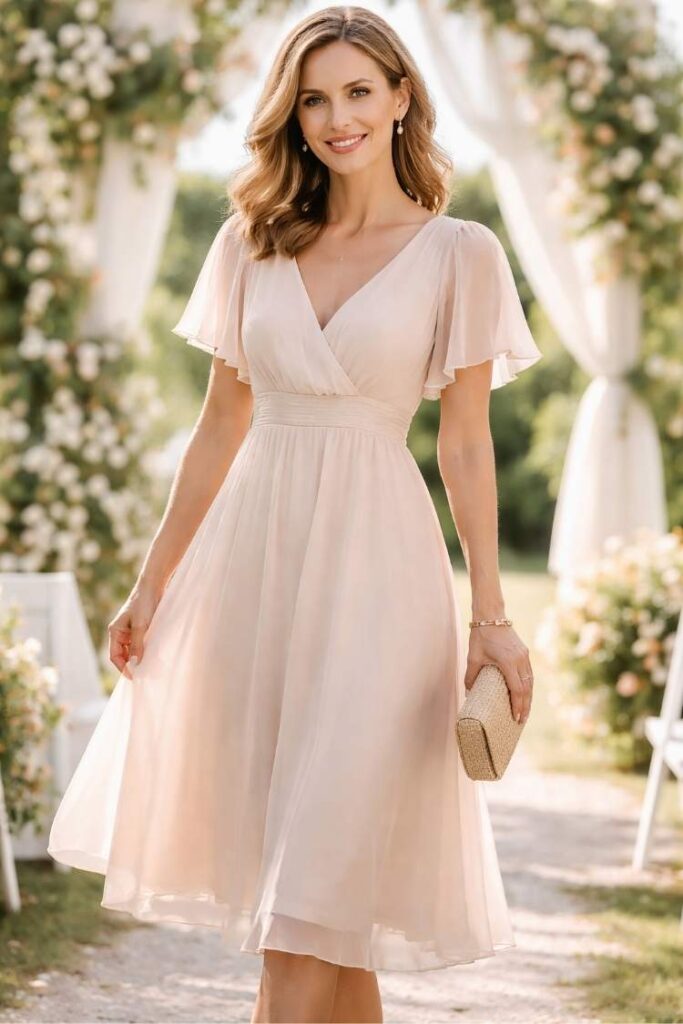 Blush midi wrap dress with flowy sleeves, elegant wedding guest outfit for outdoor ceremony, soft feminine look
