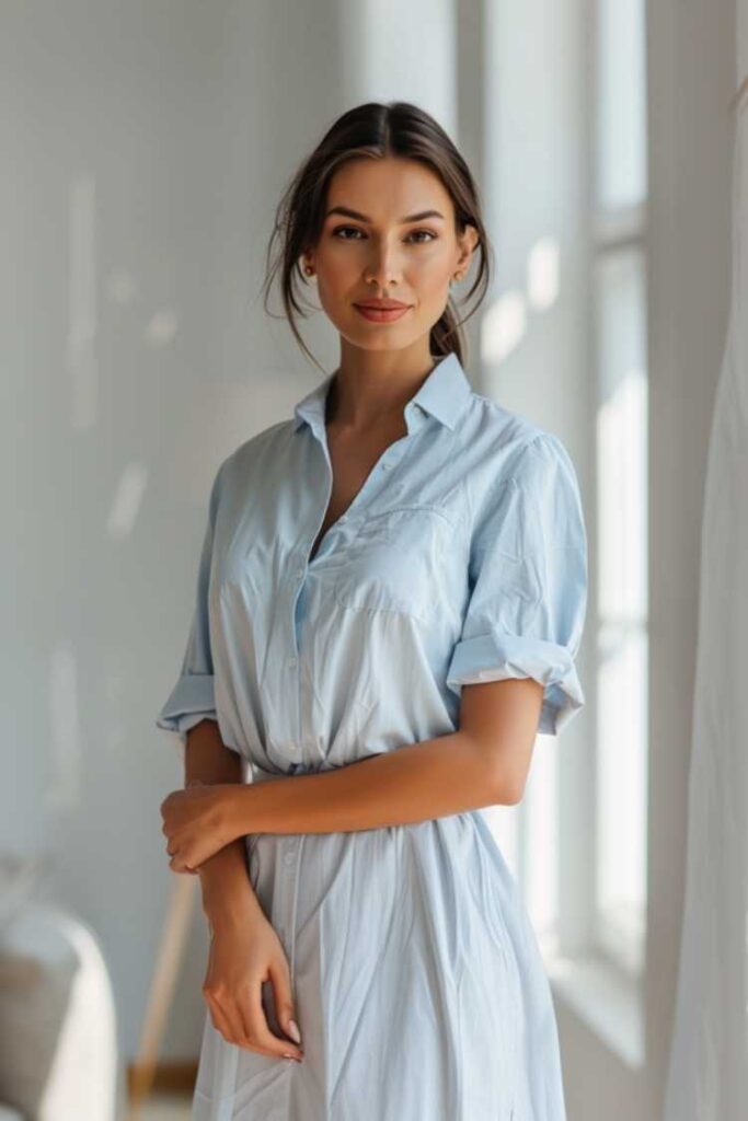 Woman wearing a light blue shirt dress, soft and elegant job interview outfit for women over 40