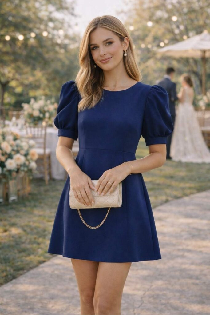 Navy blue mini dress for wedding guest with puff sleeves and elegant simple cut, classy outdoor wedding outfit 2026