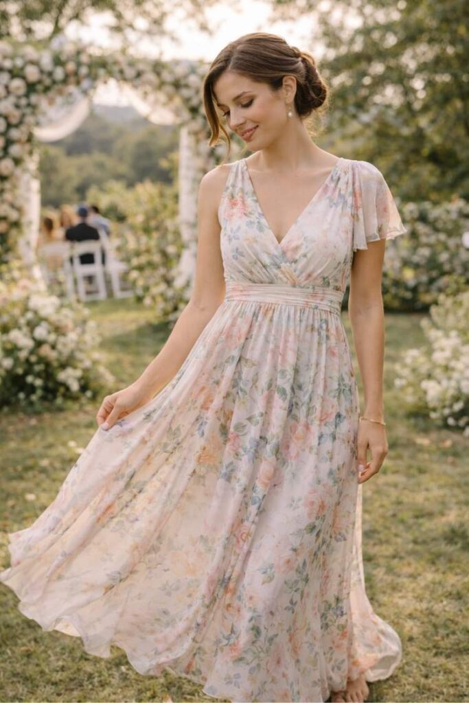 Pastel floral maxi dress, romantic and flowy wedding guest outfit for outdoor ceremony, soft feminine style