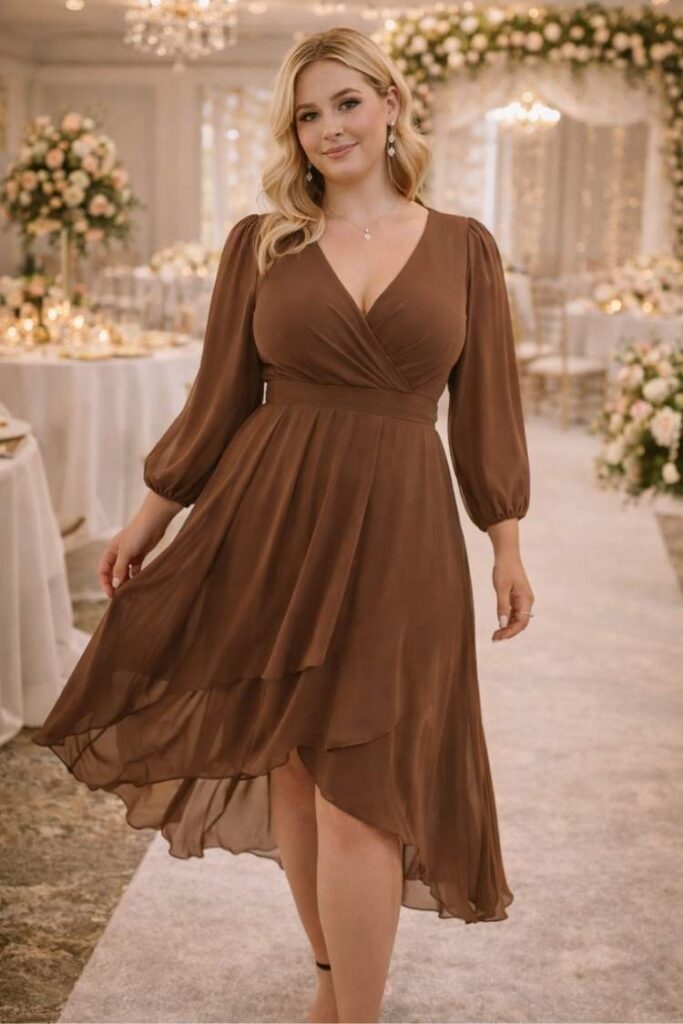 Brown chiffon wrap midi dress with long sleeves, elegant wedding guest outfit, flowy and flattering silhouette