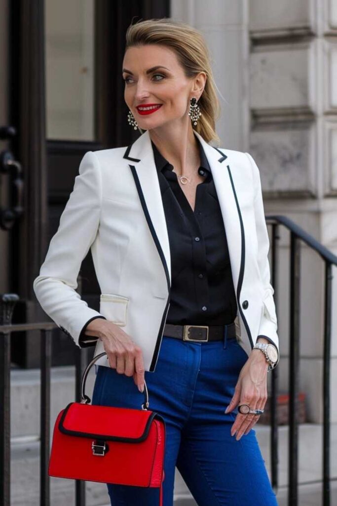 Stylish woman over 40 wearing a white blazer, black shirt, and blue trousers with a red handbag, confident job interview outfit